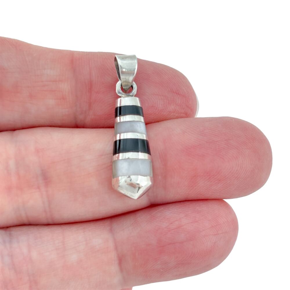 Vintage Sterling Silver 925 Mother Of Pearl Onyx Pendant